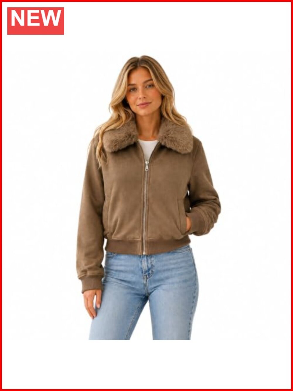 Faux Suede Bomber Jacket Faux Fur Collar Junior Sizing